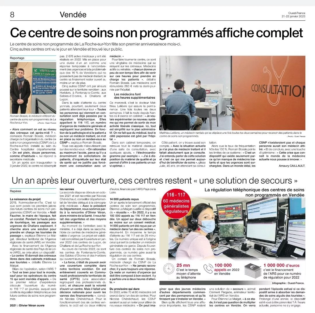 Article ouest france sur la cpts centre vendee janvier 2023